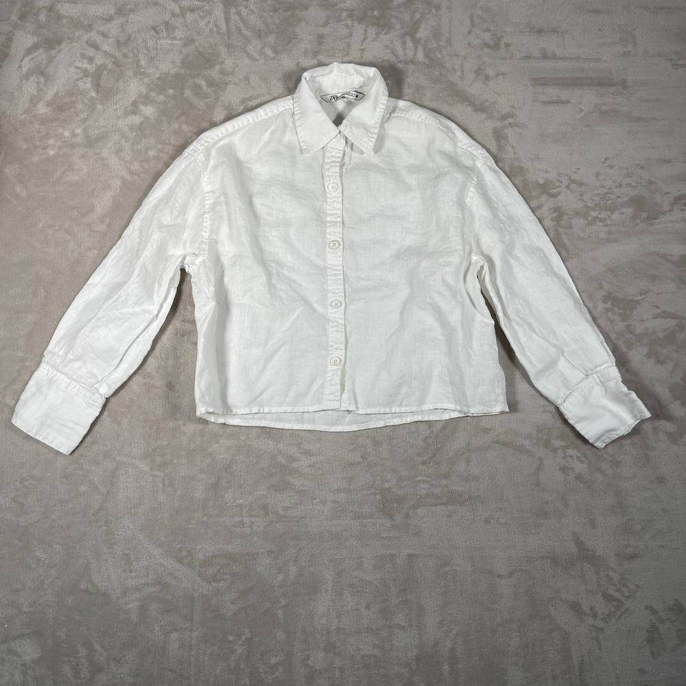 Zara Women's Blouse Cropped 100% Linen Button Coastal Beach Vacation XS White